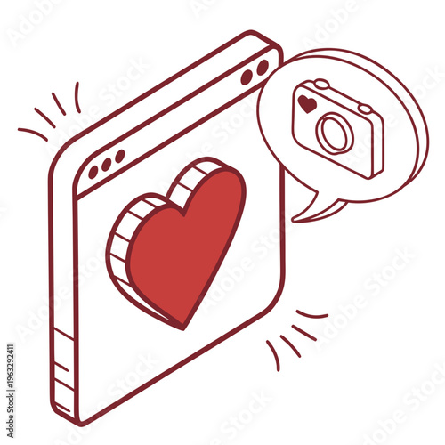 Isometric social media love reaction web page, digital dating app interface, online photography sharing platform, internet affection
