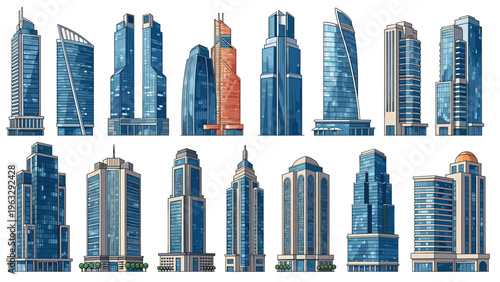 Large collection of fourteen modern skyscraper illustrations featuring blue glass windows and various contemporary urban architectural designs.