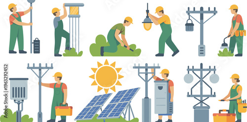Electricians workers vector set with power lines solar panels maintenance tools industrial energy service flat design illustration collection