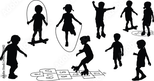 Children playing silhouettes vector set with skipping rope skateboard hopscotch jumping activities isolated black figures illustration collection childhood fun