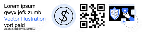 E-commerce, payment security, digital identity, mobile transactions, cashless society, fintech services. Dollar sign, QR code and shield icon with a hand. Payment security and e-commerce concepts