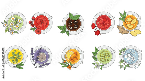 Top-down view of ten different cups of herbal tea served on white saucers and beautifully garnished with fresh flowers, leaves, and ingredients.