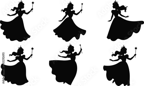 Set of elegant princess silhouettes with magic wands and flowing dresses isolated on white background for fairy tale fantasy design and storytelling