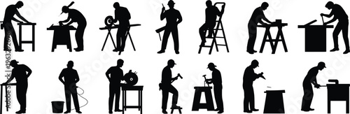 Carpenter worker silhouettes vector set with woodworking tools cutting drilling sawing isolated black figures illustration collection craftsmanship profession concept