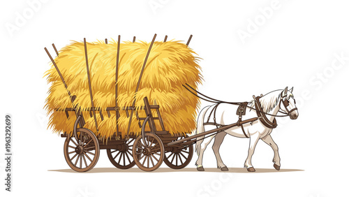 Large wooden farm wagon overflowing with a tall pile of golden hay being pulled by a strong white horse across a plain white background surface.