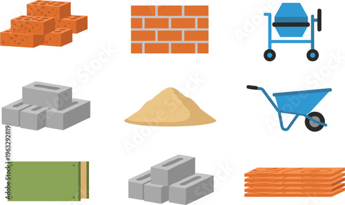 Construction materials vector set with bricks blocks cement mixer sand wheelbarrow wood panels flat design illustration collection building tools