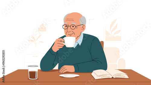 Smiling elderly man with glasses sitting at a wooden table and enjoying a hot cup of coffee while reading a book in a peaceful home setting.