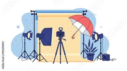 Complete professional photography studio setup including a camera on a tripod, backdrops, studio lights, an umbrella, and decorative plants.