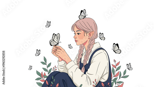 Beautiful elf girl with pink hair and braids sitting in a garden surrounded by green plants and many flying butterflies.