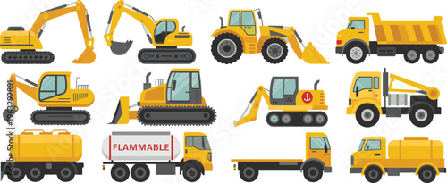 Construction vehicles vector set with excavator bulldozer loader dump truck tanker heavy machinery equipment flat design illustration collection industrial