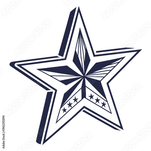 Nautical star icon in navy blue with three dimensional effect and small star accents on side isolated white background for maritime marine designs