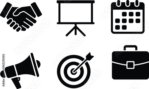 Professional business and marketing icon set featuring a handshake for partnership, target for strategy, megaphone for promotion, calendar for scheduling, and a corporate briefcase.