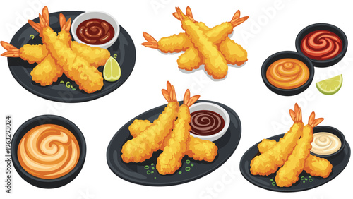 Platter of crispy fried tempura shrimp served with various dipping sauces and lime wedges on dark plates.