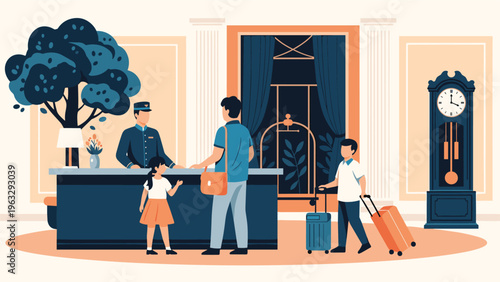 Father and his two children checking into a grand hotel at the reception desk with a porter and suitcases.
