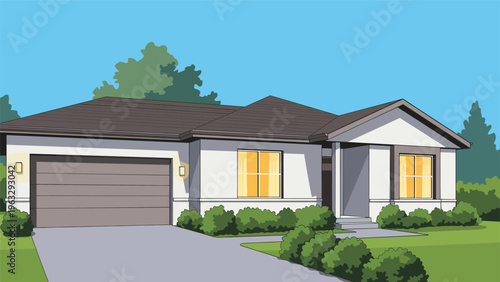 Spacious modern one-story suburban house with white exterior walls, dark roof, large front garage, and green lawn landscaping.