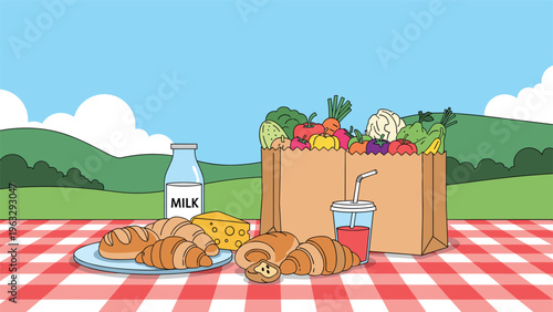 Picnic scene with a red checkered blanket featuring a paper bag full of fresh vegetables, croissants, cheese, milk, and juice.