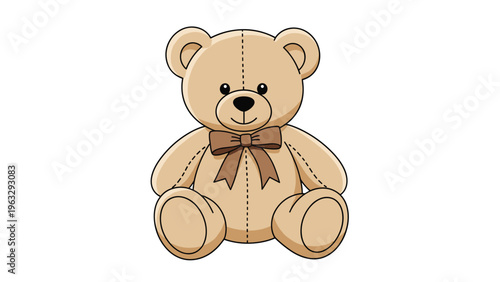 Adorable brown teddy bear toy sitting with a dark brown bow tie against a clean white background illustration.