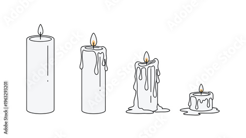 Sequential illustration of four white candles showing different stages of melting and burning down from new to finished.