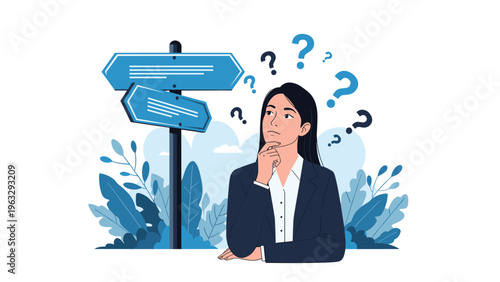 Thoughtful businesswoman looking confused and undecided while standing in front of two blank direction signposts.