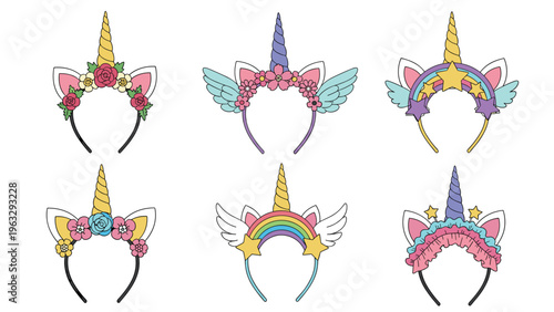 Set of six magical unicorn headbands decorated with rainbow horns, colorful flowers, stars, and wings for kids.