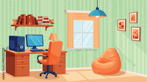 Well organized home office interior featuring a computer desk, ergonomic chair, bean bag, bookshelves, and wall art.