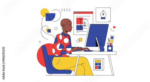 A Black woman with a shaved head and a polka-dot shirt is sitting at a desk, actively working on a desktop computer.