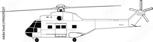 Military Transport Helicopter SA 330 Puma Aerospatiale Side View Vector Illustration Graphic
