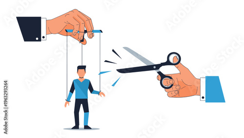 Large hand using scissors to cut the strings controlling a small puppet person held by another hand in a suit.