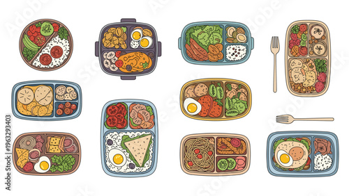 Set of various colorful lunch boxes filled with healthy meals including vegetables, rice, meat, and eggs on white background.