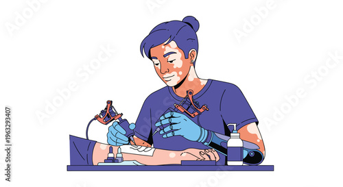 An illustrated person with vitiligo and a prosthetic left arm is meticulously tattooing another person's arm on a table.