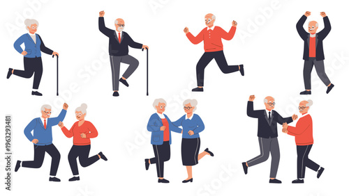 Set of active elderly people dancing and enjoying life in various poses including couples and solo dancers on white background.