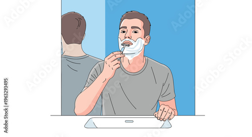 A transgender man with short brown hair is shaving his face with a razor in front of a bathroom mirror, reflecting his back against a blue wall.