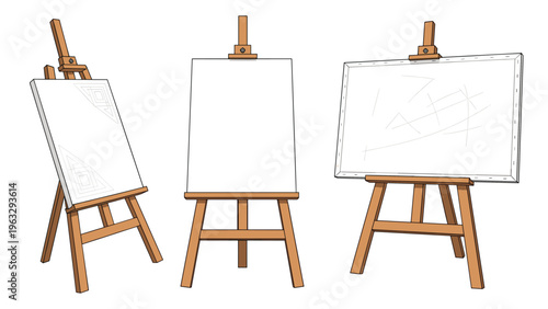 Set of three wooden artist easels with blank white canvases displayed at different angles for painting or presentations.
