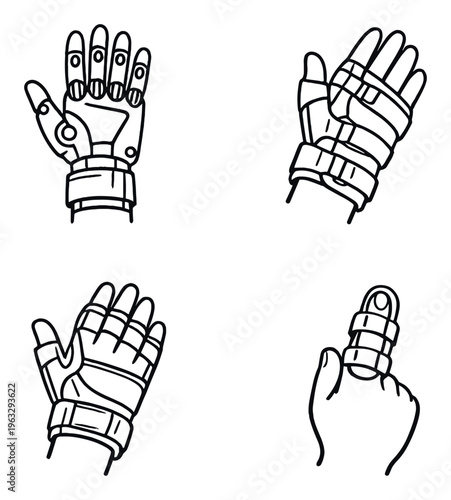 Protective gloves and finger splint icons on dark background