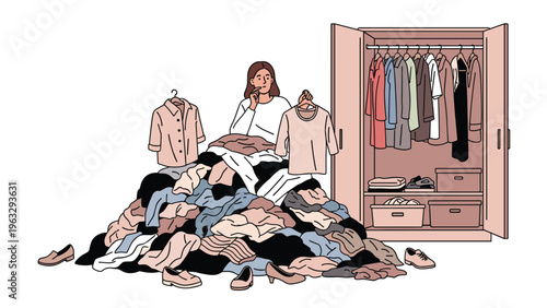 Young woman sitting in front of a messy pile of clothes from her closet while trying to decide what to wear for the day.