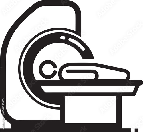 MRI scanner machine vector illustration. Black medical tomography CT scan equipment icon isolated for hospital healthcare concepts, clinic diagnostics designs, and modern radiology graphics