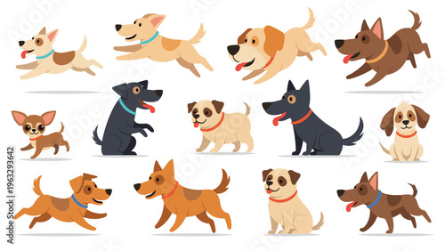 Extensive collection of various dog breeds in different active and sitting poses including labradors, pugs, and terriers.