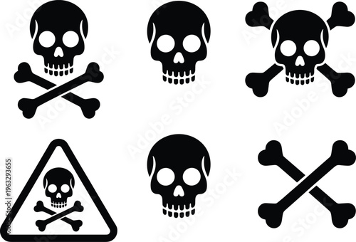Set of skull and crossbones silhouettes including danger warning signs, pirate symbols, poison alerts, and human bone graphics for halloween decor and security labels.