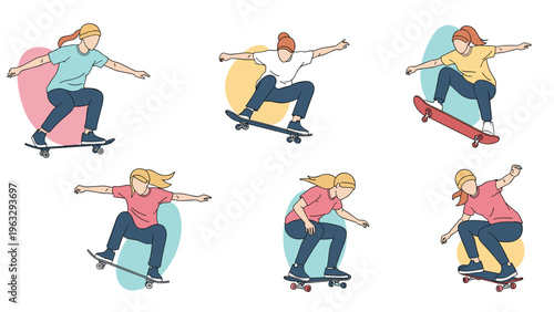 Group of diverse female skateboarders performing dynamic tricks and jumps on their boards against colorful backgrounds.