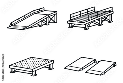 Loading ramps and platforms arranged on dark background