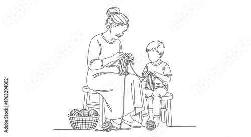 A continuous line art drawing depicts a grandmother on a stool teaching her grandson to knit, with yarn in a basket, against a white background.