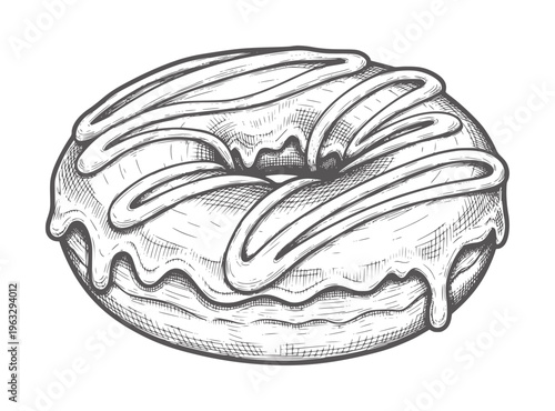 Hand drawn glazed donut with dripping icing in style food sweet pastry