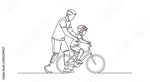 A father with a prosthetic leg supports his young son, who wears a red helmet and rides a bicycle, depicted in a continuous dark brown line drawing against a white background.