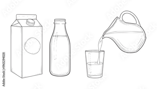 Hand drawn milk carton bottle and pouring liquid into glass