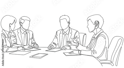 Four business professionals, one with a cochlear implant, sit around a table with papers and a tablet in a line art drawing.