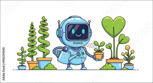 A blue robot waters potted plants on a white background with a happy expression