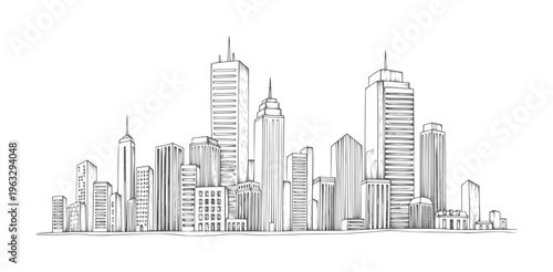 Hand drawn of a city skyline with various tall buildings architecture urban