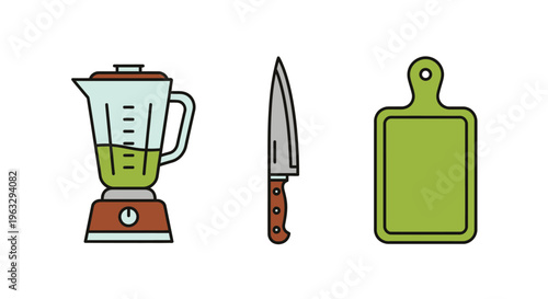 A blender with green liquid sits next to a knife and cutting board.