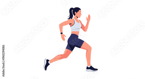 A woman in athletic wear runs quickly across a plain background in motion.