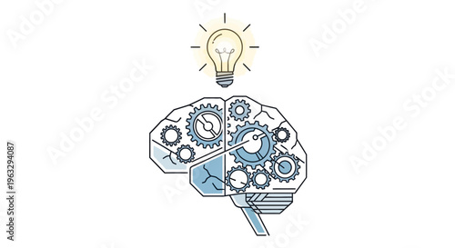 Innovative gears and clockwork mechanisms fill a brain with a glowing lightbulb idea